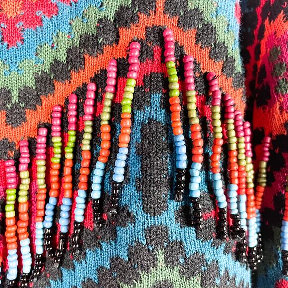 Farm Rio Rauti Sweater Beaded Tassel Turtleneck Multi Diamond Knit Sz XS - Picture 8 of 12